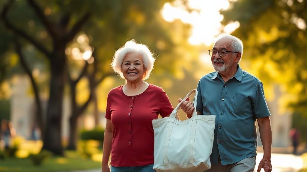 A Malaysian couple in their late 60s walking together in a sunlit park.