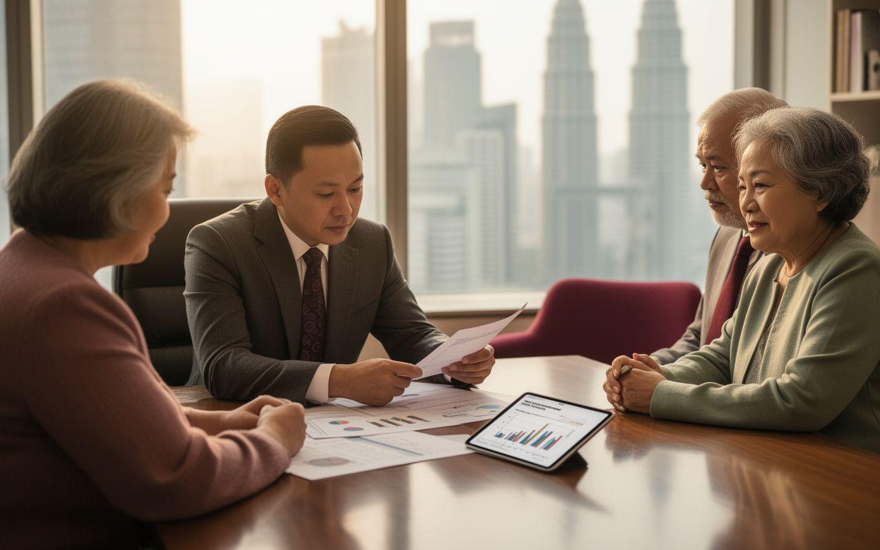 A Quorabit advisor reviewing retirement documents with a senior Malaysian couple at a KLCC desk.