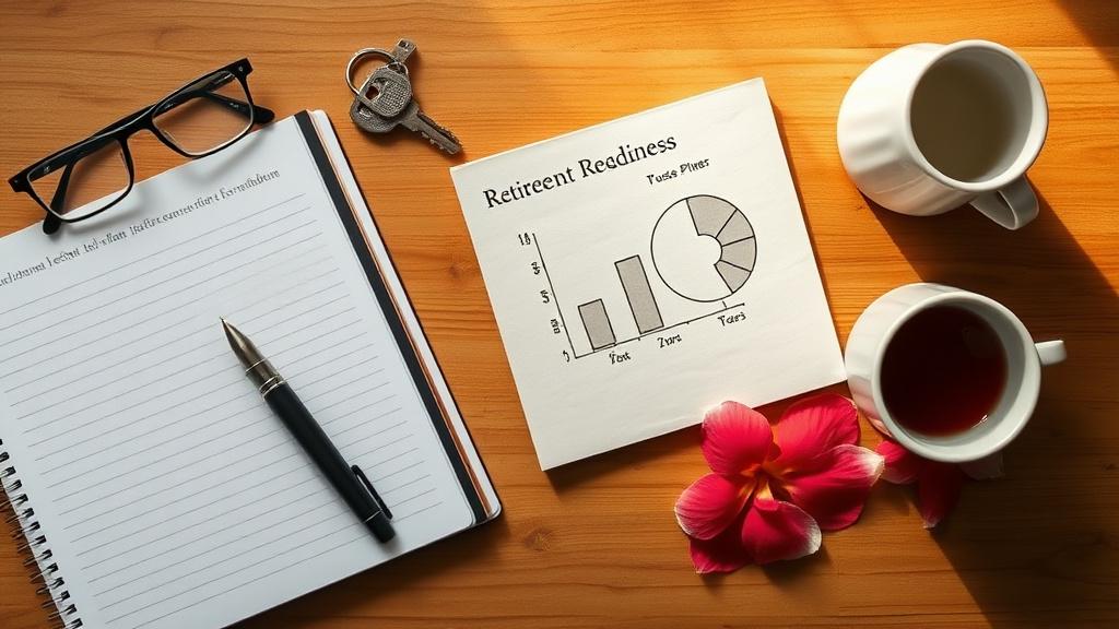 A flat lay of a retirement readiness planner with pen, glasses and a hand-drawn pie chart.