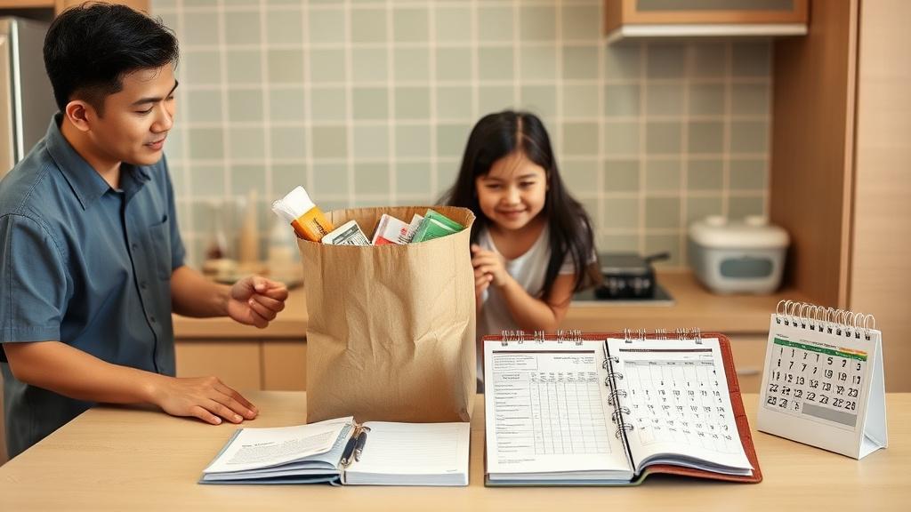 A Malaysian family unboxing groceries and a small envelope of cash in a kitchen.