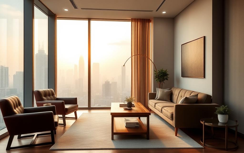 Quorabit Advisory's KLCC consulting suite with sage upholstery, walnut desk, and skyline view.