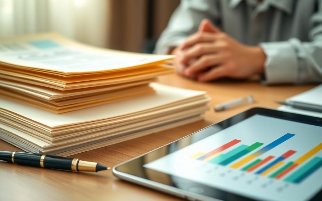 A desk with Malaysian government claim documents, folders and a tablet showing charts.