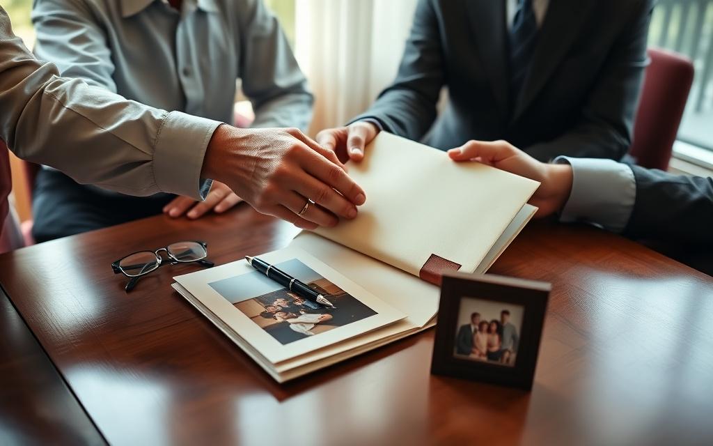 A leather folio, fountain pen and family photograph during an estate planning meeting.