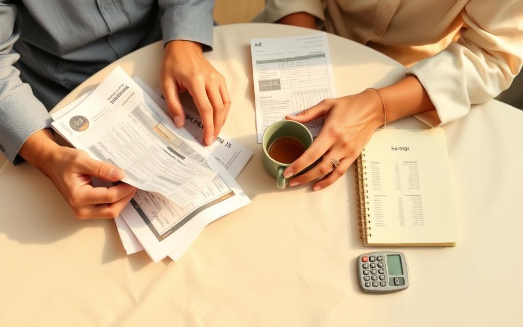 An older couple's hands sorting household bills on a kitchen counter.